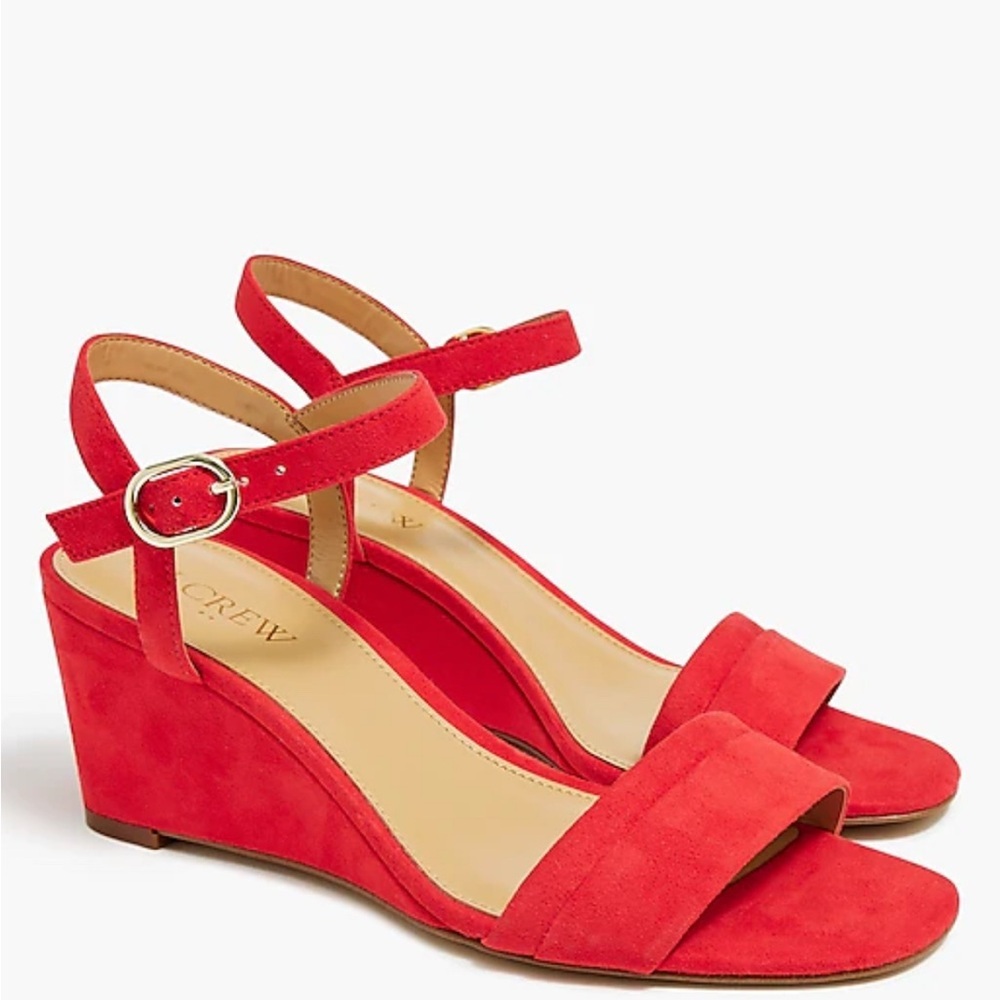J. Crew Faux Suede Red Wedge Sandal Sz 7 New in Box - Picture 1 of 7